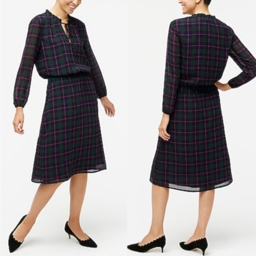 J. Crew Green Pink Navy Plaid Ruffle Tie Collar Puff Sleeve Midi Dress